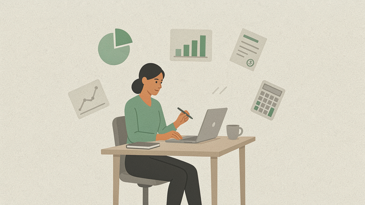 Small business owner reviewing QuickBooks Desktop accounting software with invoices and financial charts
